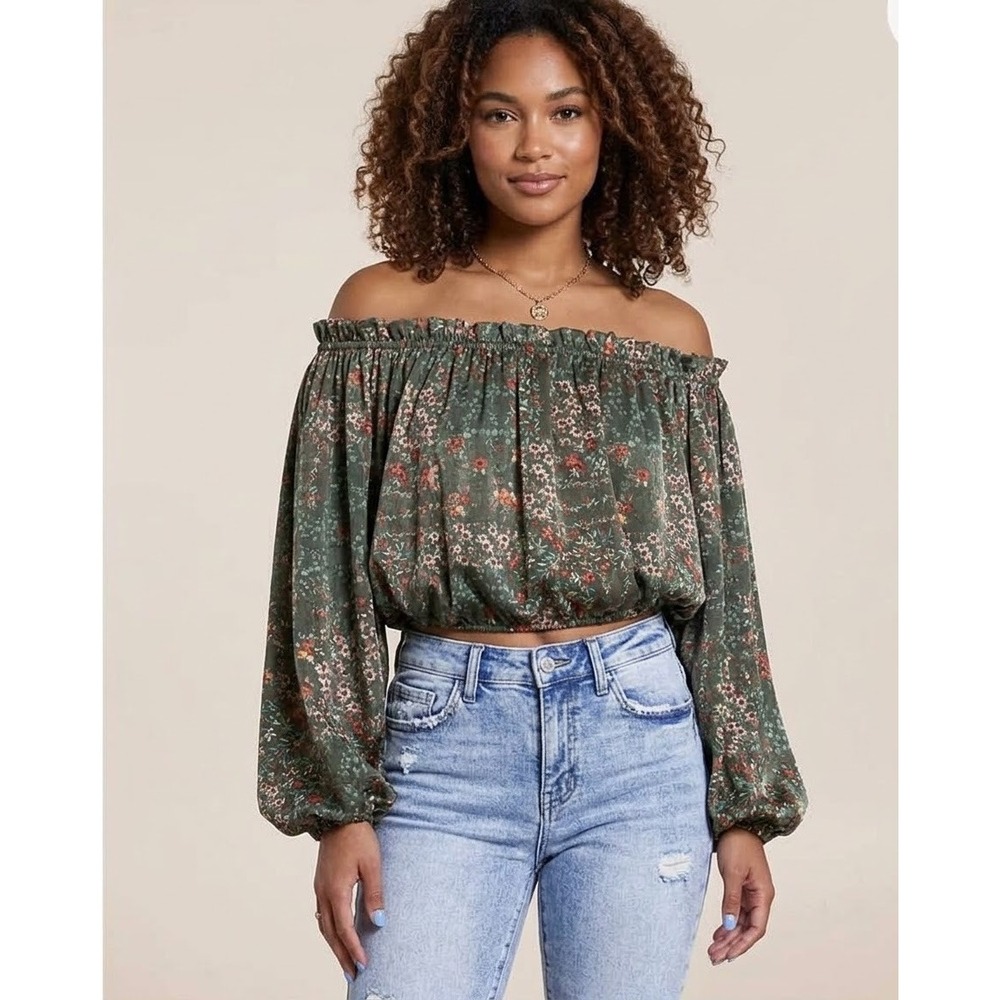 Willow + Root Women XL Green Floral Off Shoulder Balloon Sleeve Crop Top Blouse